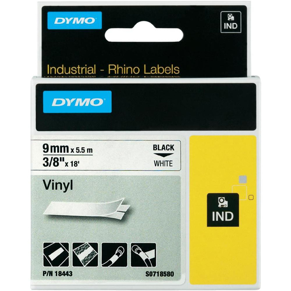 DYMO RhinoPRO 18443 Vinyl tape 9mm x 5,5m sort p hvid, S0718580
