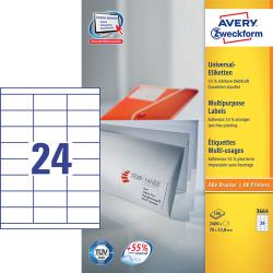 Avery 3664 hvide labels 24 pr. ark, blaek og Laserprinter 70x33,8 100ark