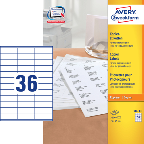 Avery 18033 kopimaskine Labels/Etiketter 36 pr. ark 24X70 100ark