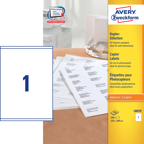 Avery 18039 kopimaskine Labels/Etiketter 1 pr. ark 210X290 100ark