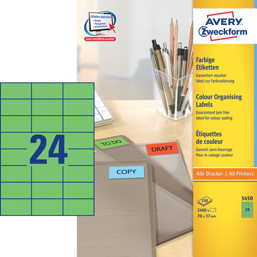 Avery 3450 Universale Labels/Etiketter, GRØNNE 70x37 24 pr.ark 100ark