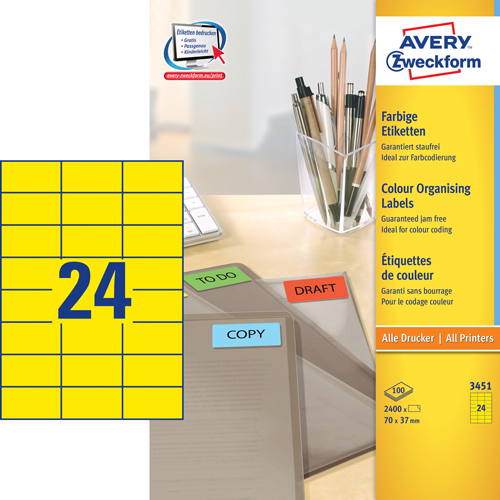 Avery 3451 Universale Labels/Etiketter, gule 70x37 24 pr.ark 100ark