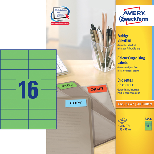 Avery 3454 Universale Labels/Etiketter, GRØNNE 105x37 16 pr.ark 100ark