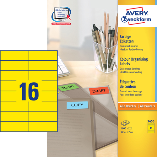 Avery 3455 Universale Labels/Etiketter, gule 105x37 16 pr.ark 100ark