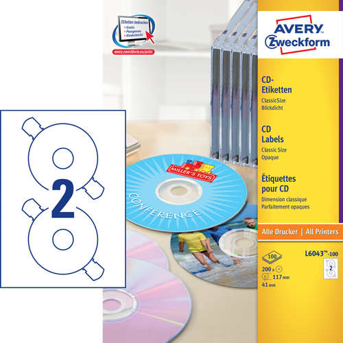 Avery L6043-100 Classic CD etiketter matt 2 pr. ark diameter 117mm 100ark