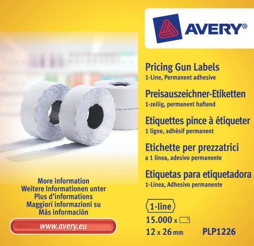 Avery PLP1226 Hvid Prisetiket 1 linie, op til 8 cifre, Permanente, 1500 pr. rulle, 26x12 mm (10stk.)