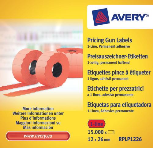 Avery RPLP1226 Rd Prisetiket 1 linie, op til 8 cifre, Permanente, 1500 pr. rulle 26x12 mm (10stk.)