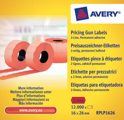 Avery RPLP1626 Rd Prisetiket 2 linier, op til 18 cifre, Permanente, 1200 pr. rulle 26x16 mm (10stk.)
