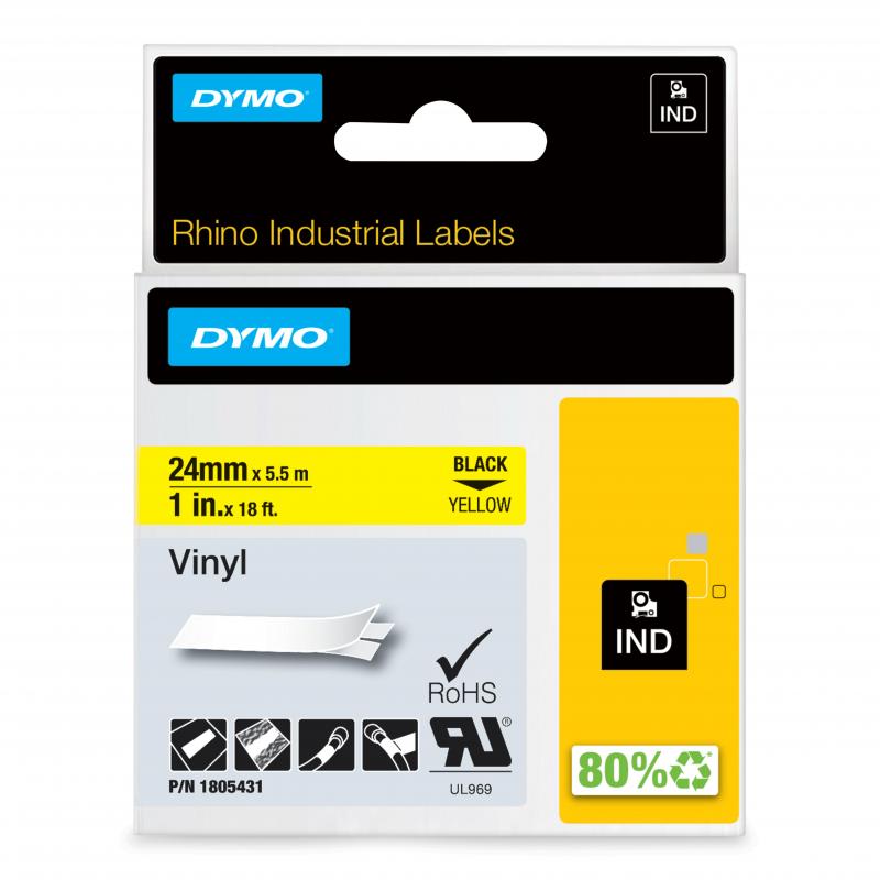 Rhino tape 24 mm x 5.5m coloured vinyl (sort p gul), DYMO 1805431
