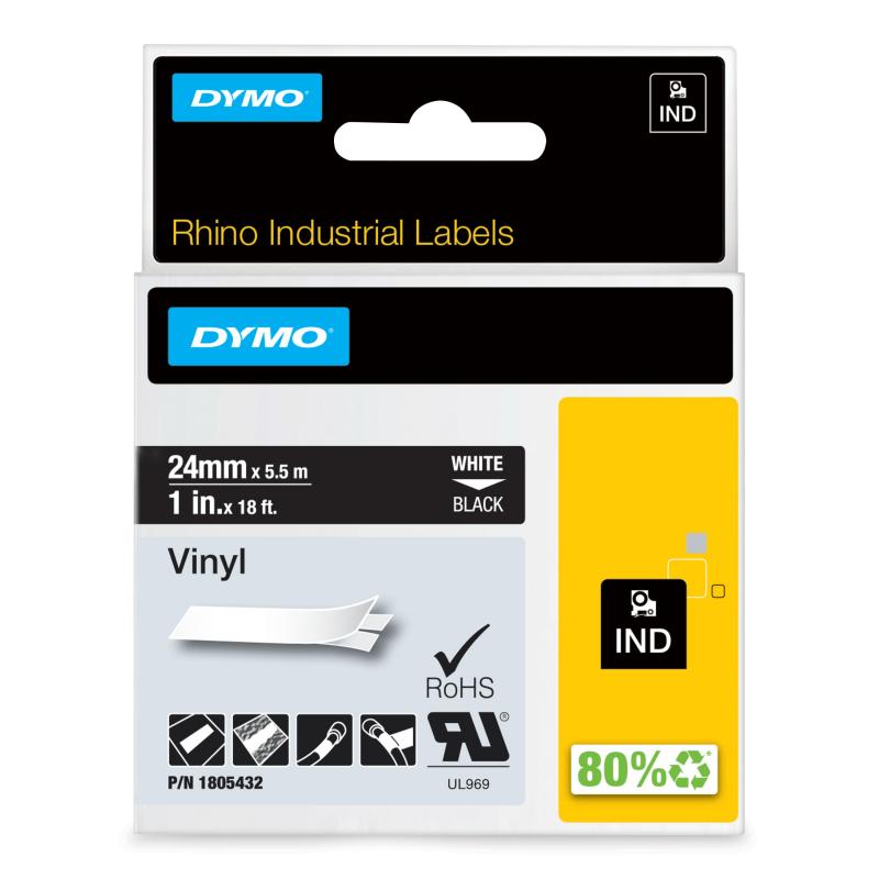 Rhino tape 24 mm x 5.5m coloured vinyl (hvid på sort), DYMO 1805432