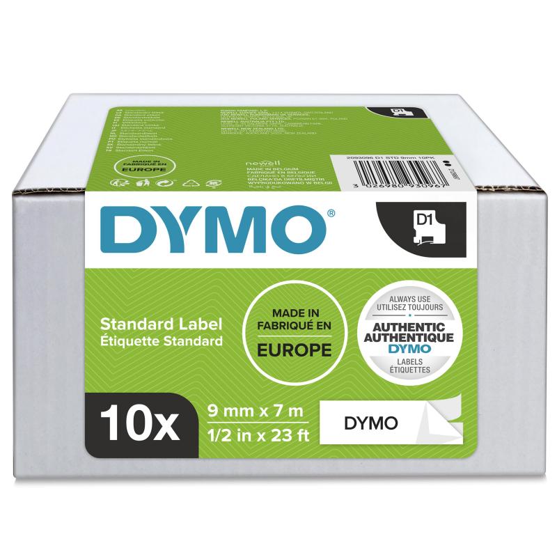 D1 Tape 9mm x 7m (sort p hvid) 10 Pack, DYMO 2093096