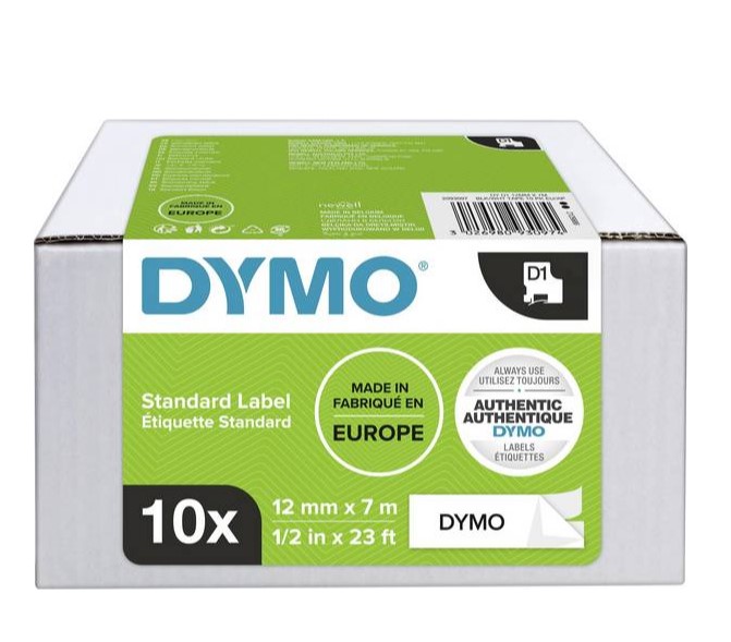 D1 Tape 12mm x 7m (sort på hvid) 10 Pack, DYMO 2093097