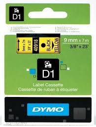DYMO 40918 D1 Tape 9mm x 7m sort på gul, S0720730