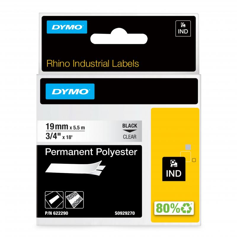 Rhino tape 19 mm x 5.5m perm. polyester (sort p klar), DYMO 622290