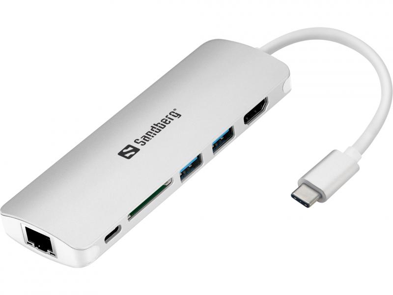 USB-C Dock HDMI+LAN+SD+USB,61W, hvid, Sandberg 136-18