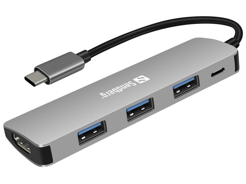 USB-C Dock HDMI+3xUSB+PD 100W, Alu, Sandberg 136-32