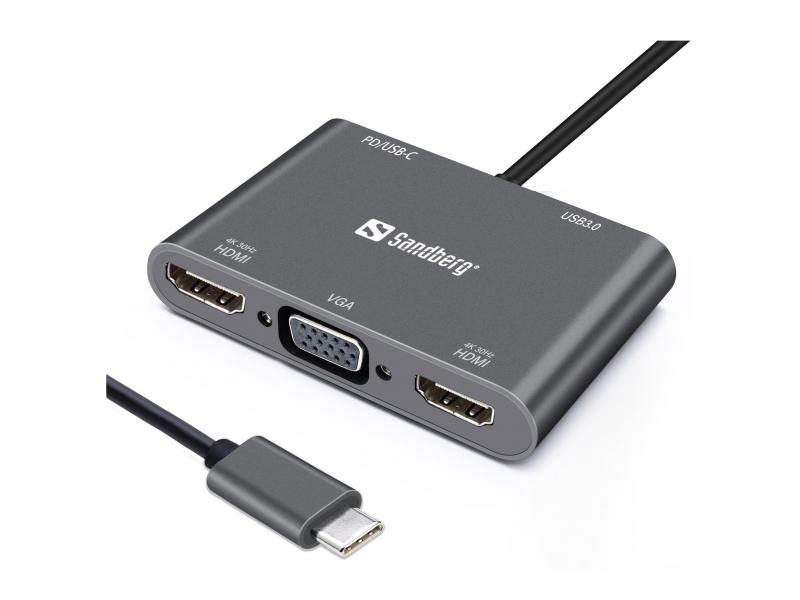 USB-C Dock 2xHDMI+1xVGA+USB+PD, Sandberg 136-35