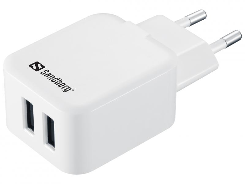 AC oplader Dual USB 2A EU, hvid/sort, Sandberg 440-57