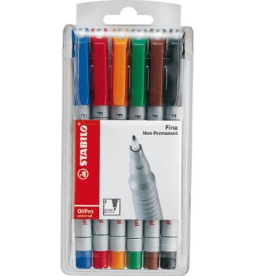 Stabilo 852/6 Fine OH pen 0,7mm Vandbasis etui m. 6 pens