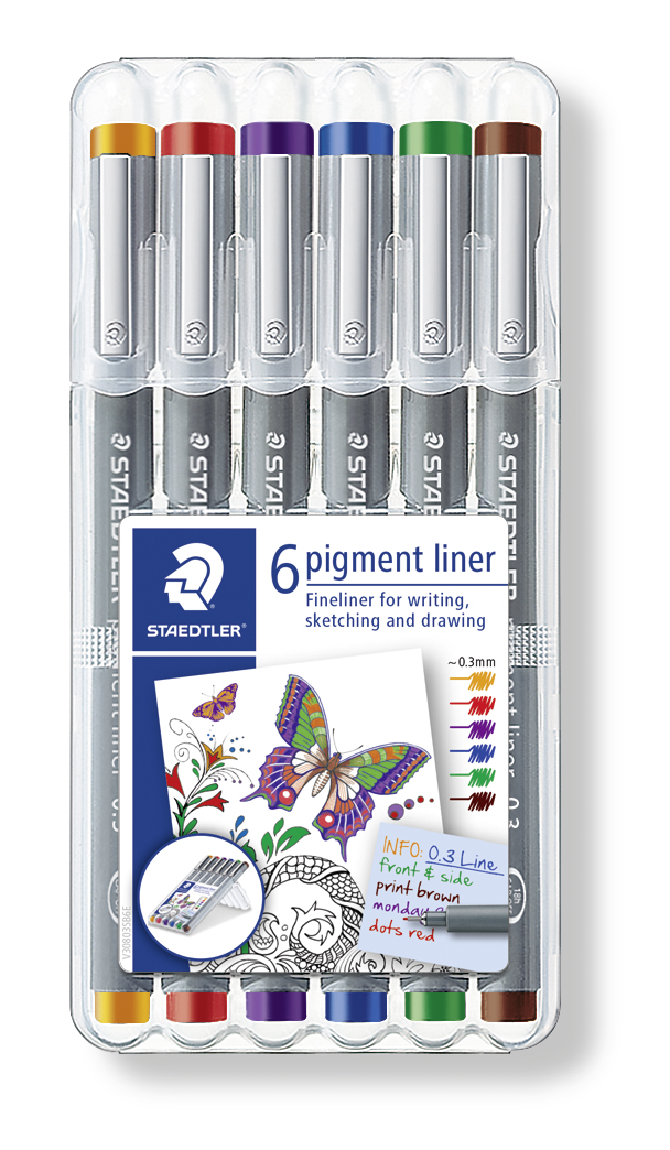 Fineliner pigment liner 0,3mm 6 farver, Staedtler 30803-SSB6, 10stk