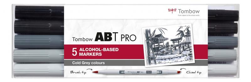 Marker ABT PRO Dual Brush 5P-4, 5 kolde gr farver, Tombow ABTP-5P-4