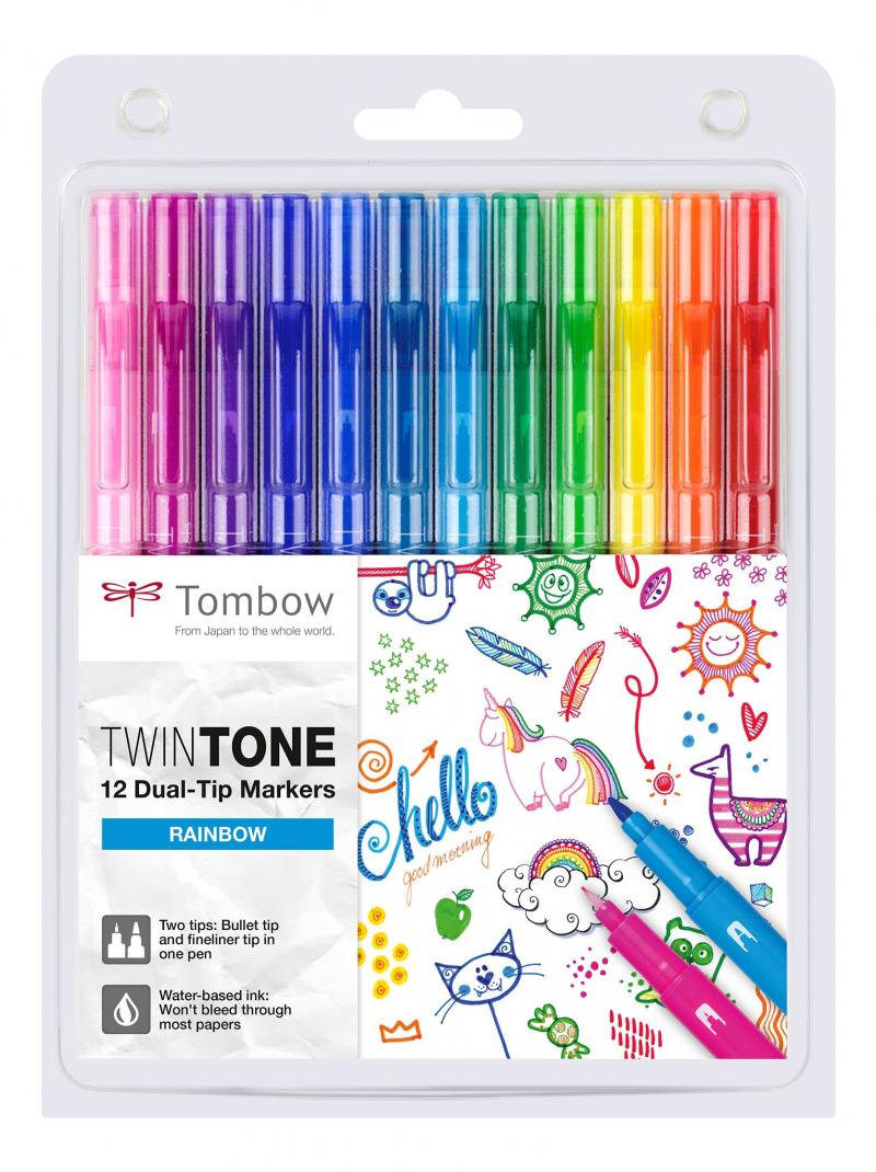 Marker TwinTone Rainbow 0,3/0,8 12 farver, Tombow WS-PK-12P-3
