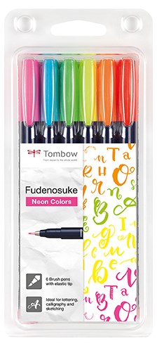 Brush pen Fudenosuke hård neon 6 farver, Tombow WS-BH-6P